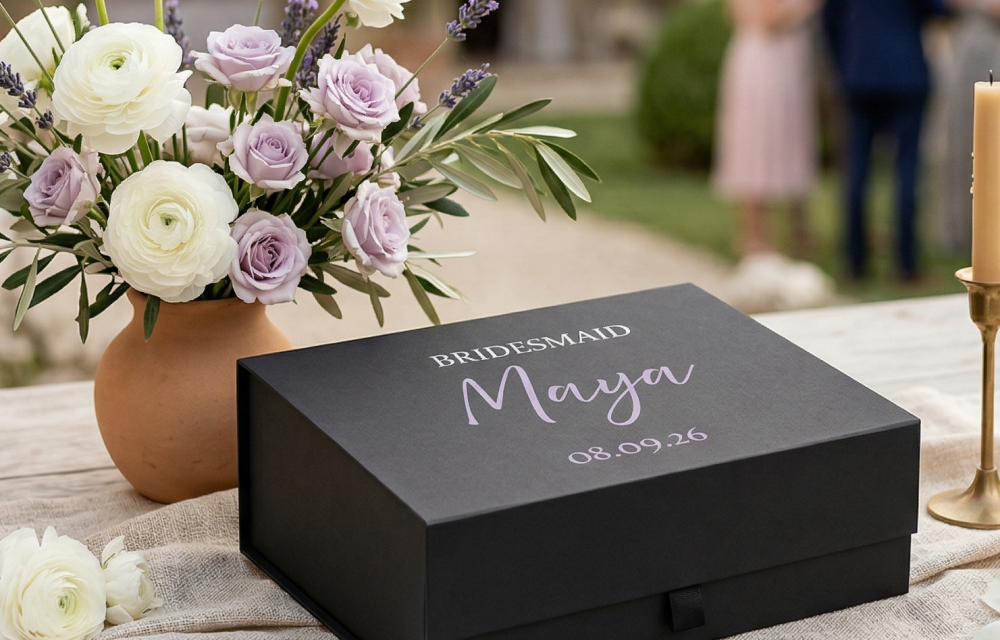 Personalising bridesmaid boxes: labels, foiling, ribbons and inserts