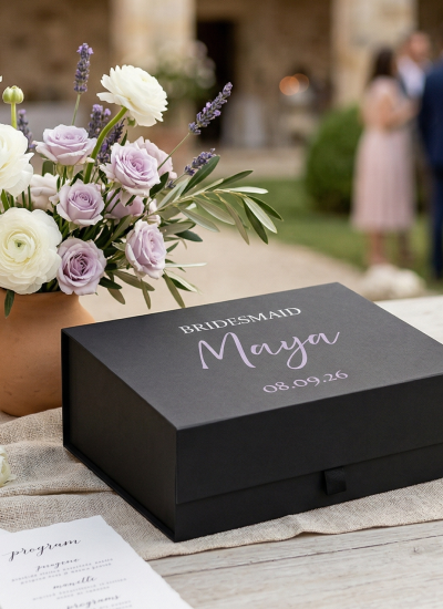 Personalising bridesmaid boxes: labels, foiling, ribbons and inserts