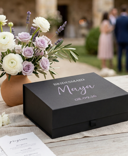 Personalising bridesmaid boxes: labels, foiling, ribbons and inserts