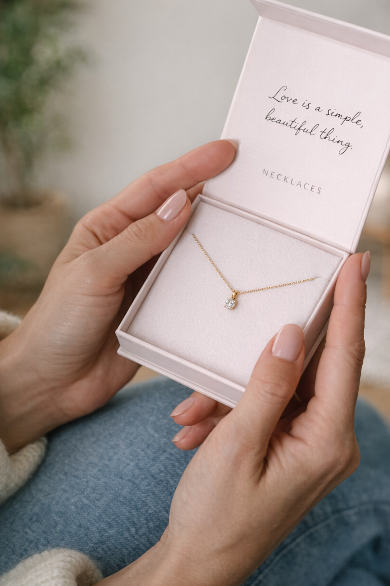 Necklace and pendant box with tidy chain route and centred pendant