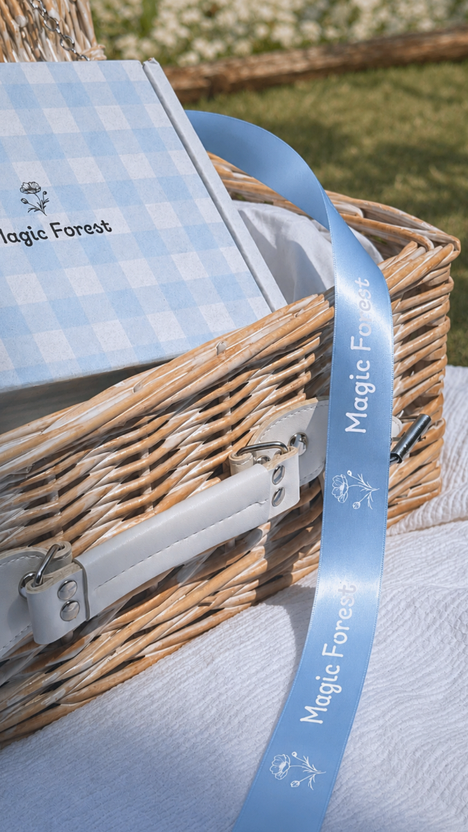 Ribbon samples being measured against gift boxes of different sizes.