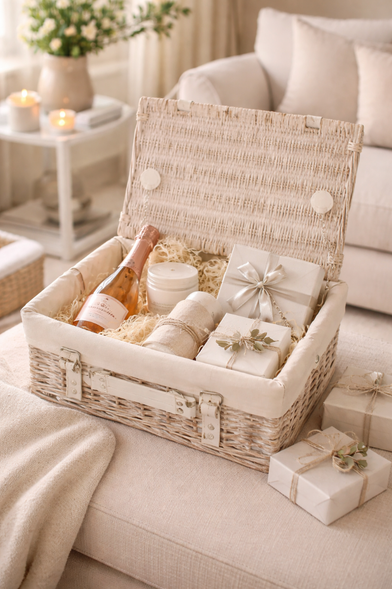 White hamper box with selection of gift boxes and gifts.