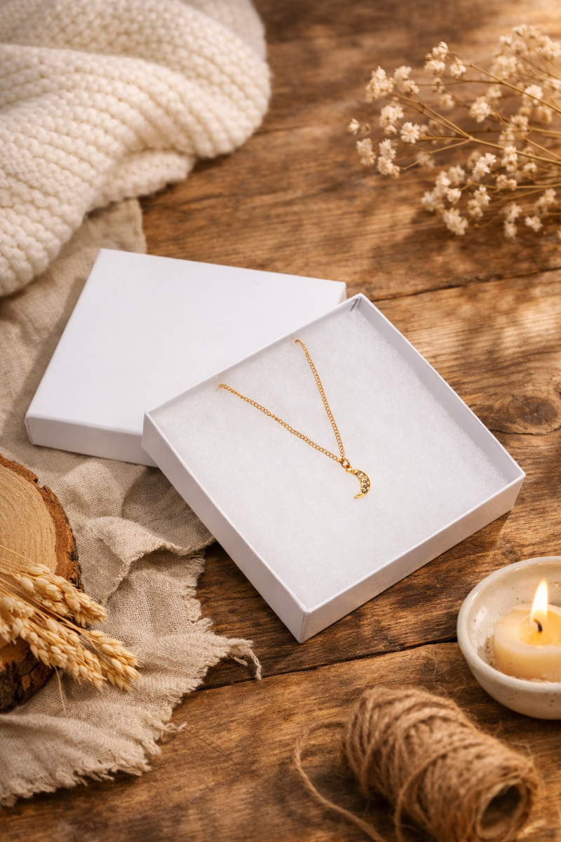 Pendant necklace box with centred pendant and tidy chain presentation