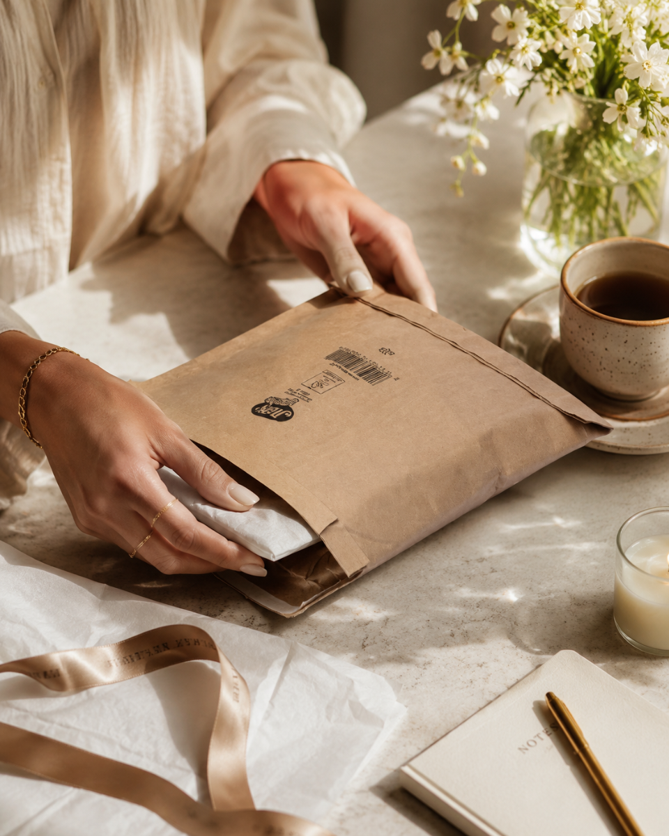 Branded padded packaging creating a polished fragile item unboxing experience