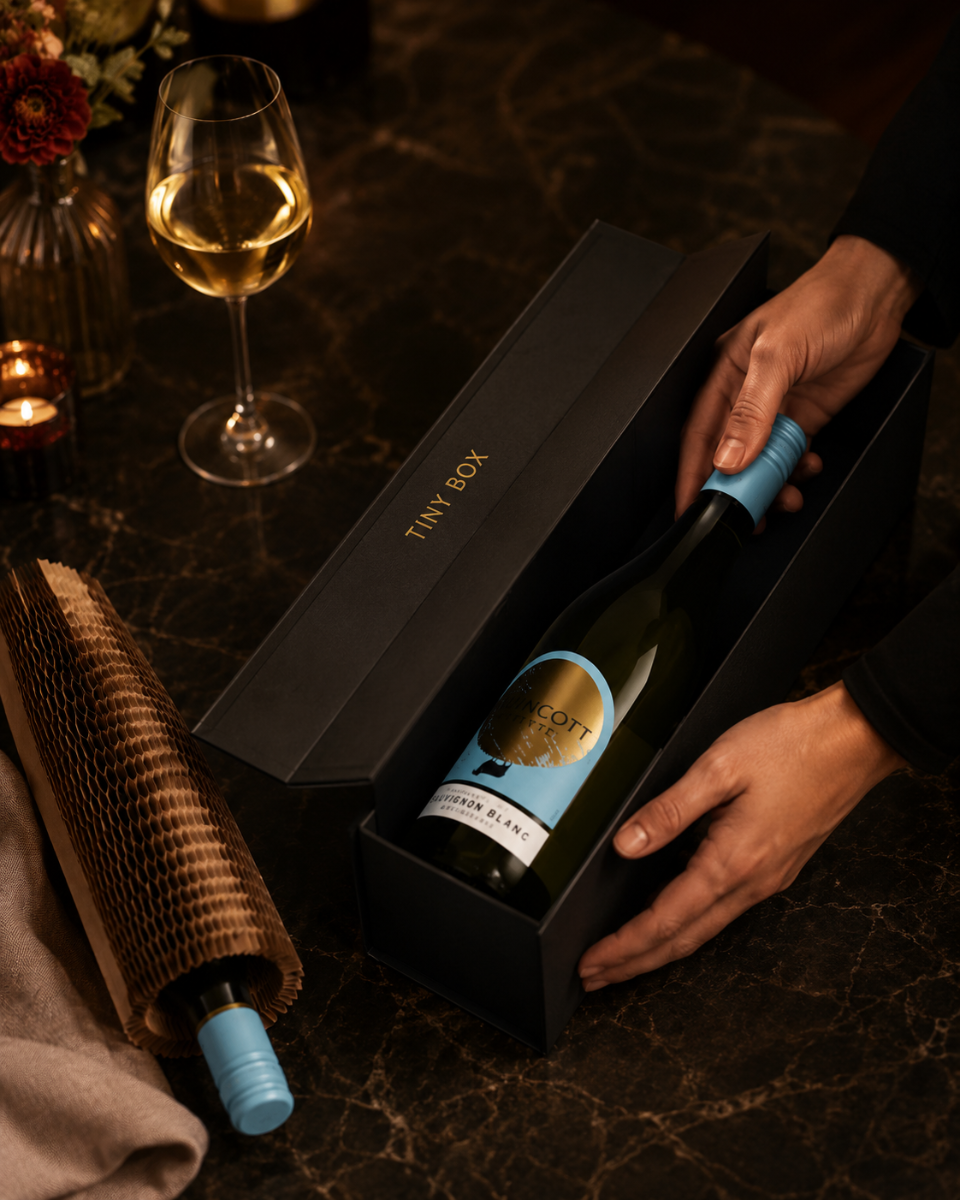 Secure bottle hamper with structured bottle support for courier delivery