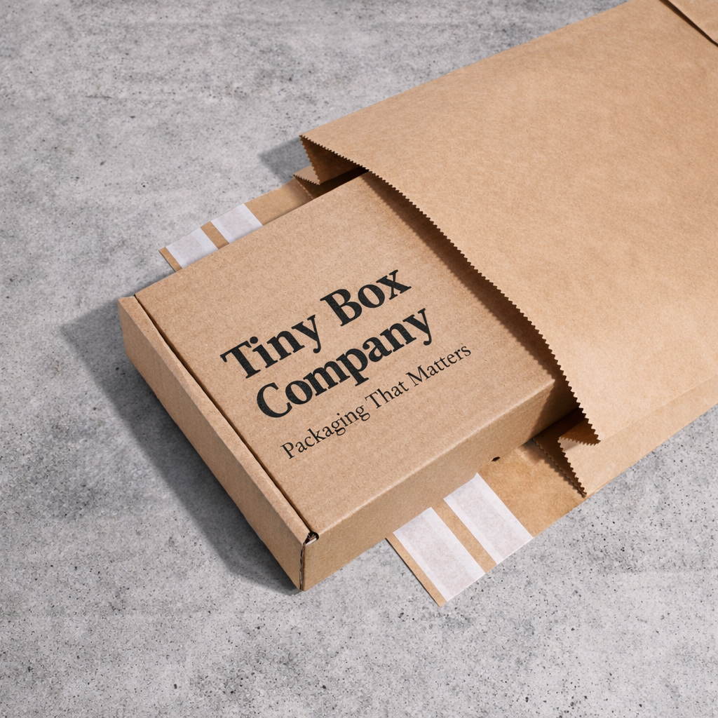 Shipping label placed on the flat face of a paper mailing bag