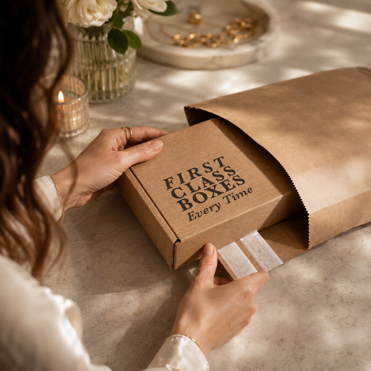 Paper mailing bags for clothing orders being packed