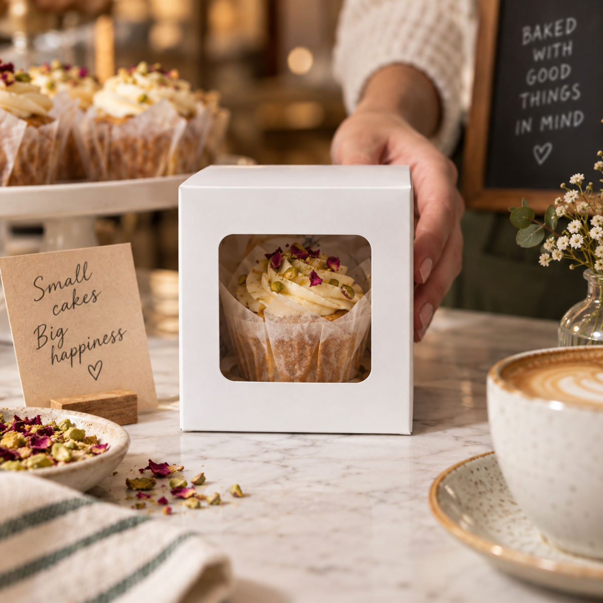 Cupcake in food safe wrapper, inside a square, flat-packed window box.