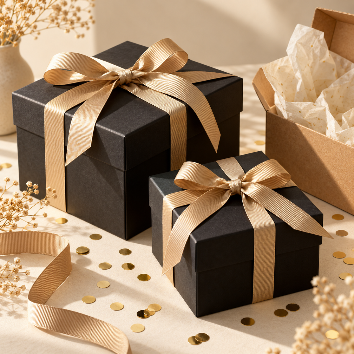 Black gift boxes with ribbon, kraft packaging and tissue paper