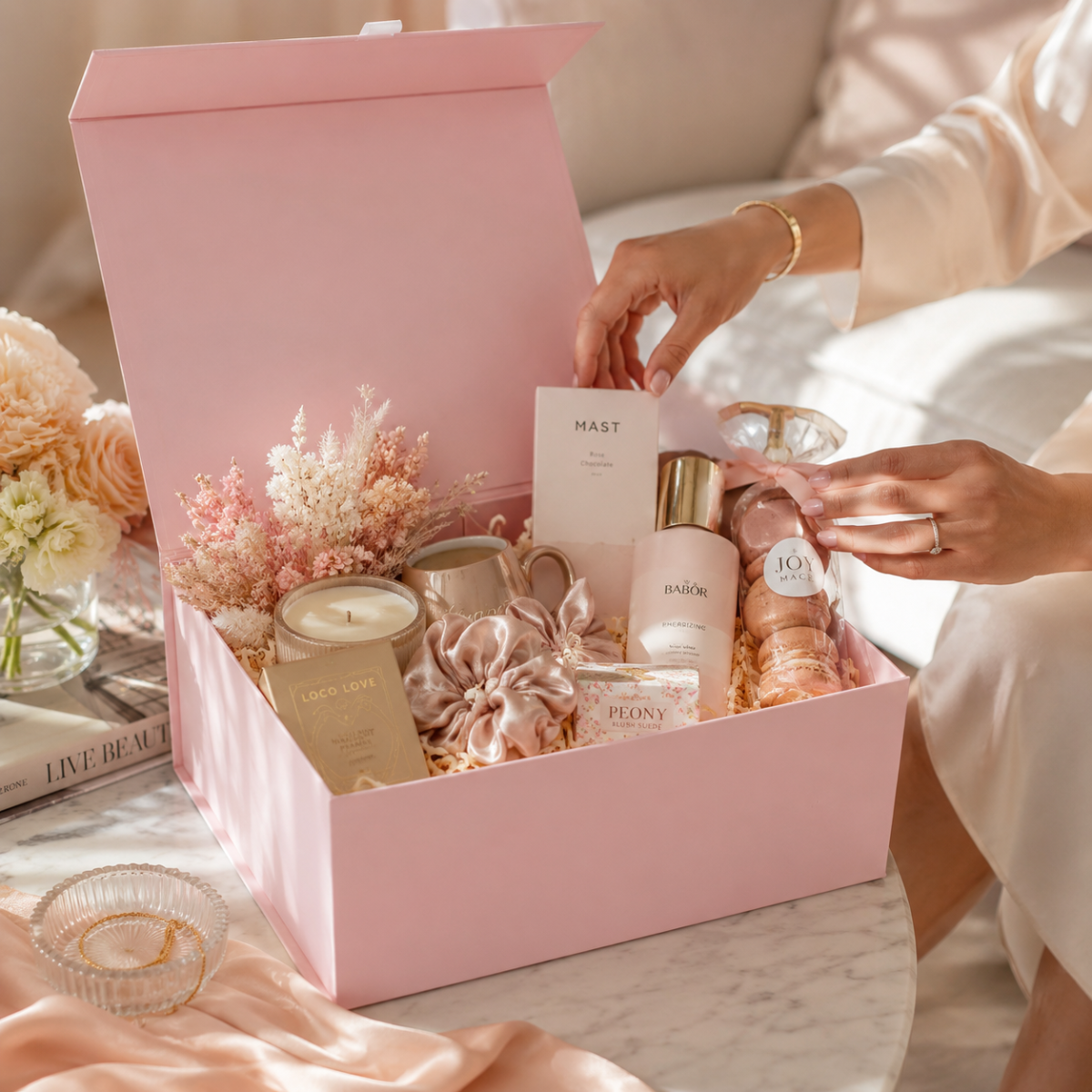 Hamper gift box with bottles, jars and gift items arranged inside.