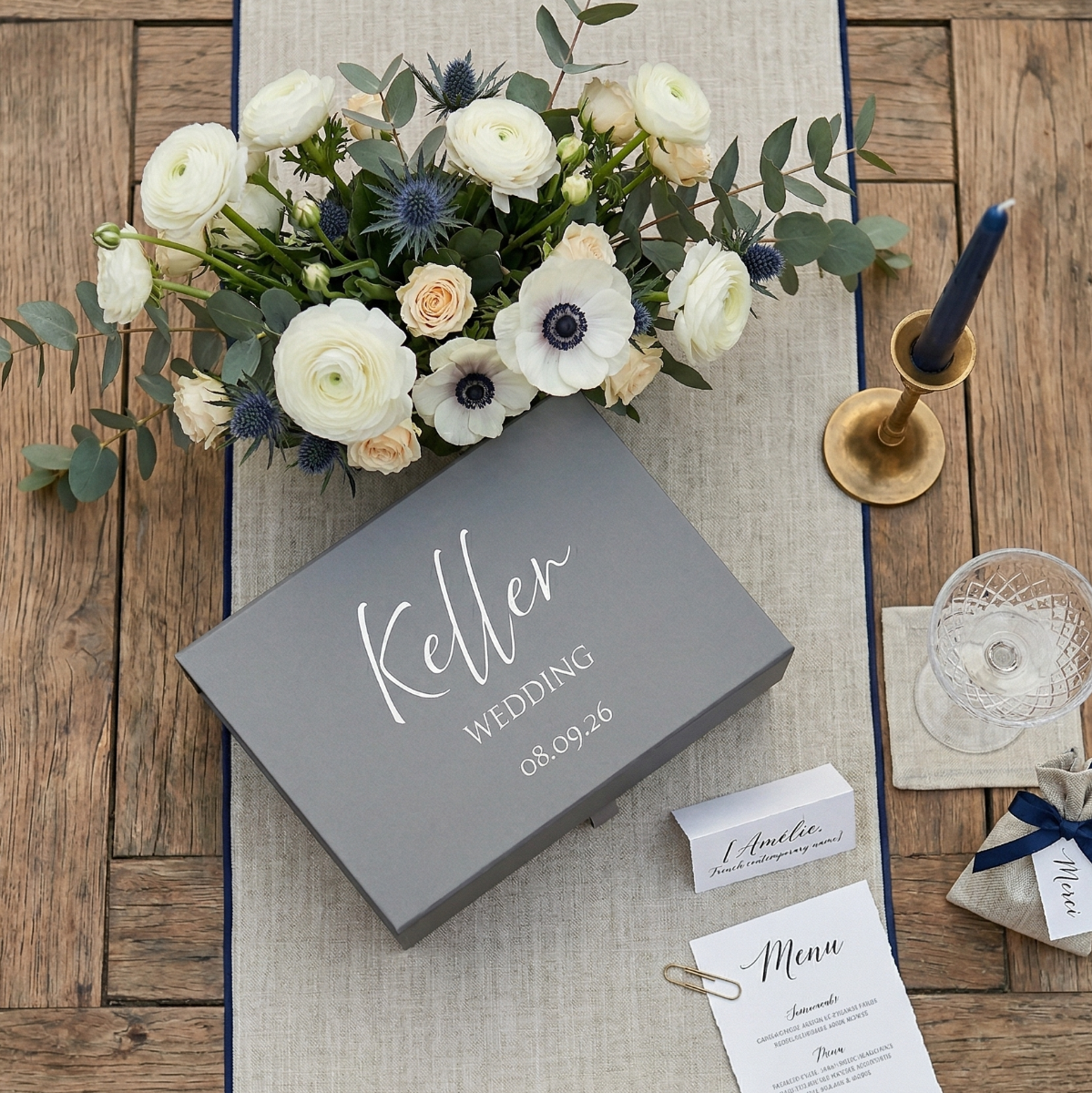 Bridesmaid gift box with tissue fill and neatly arranged contents