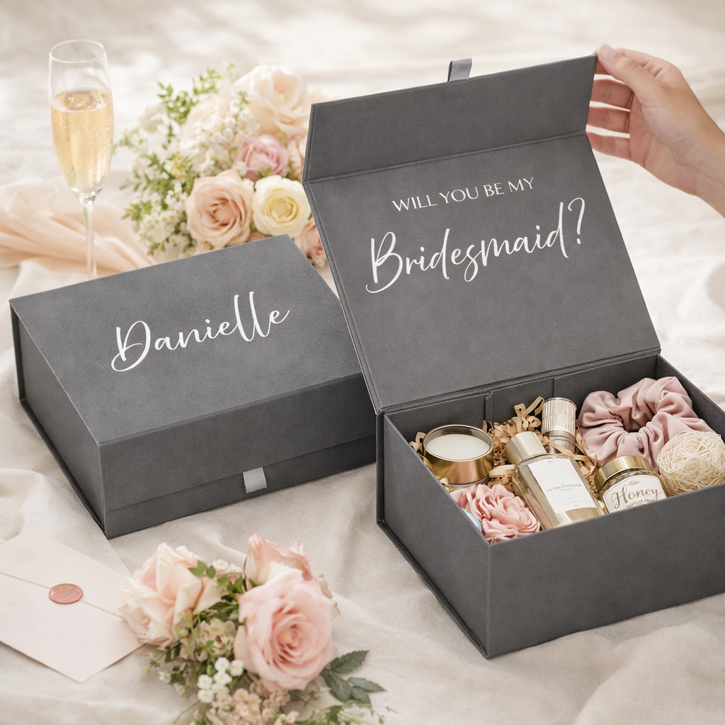 Luxury bridesmaid proposal boxes arranged for a wedding party