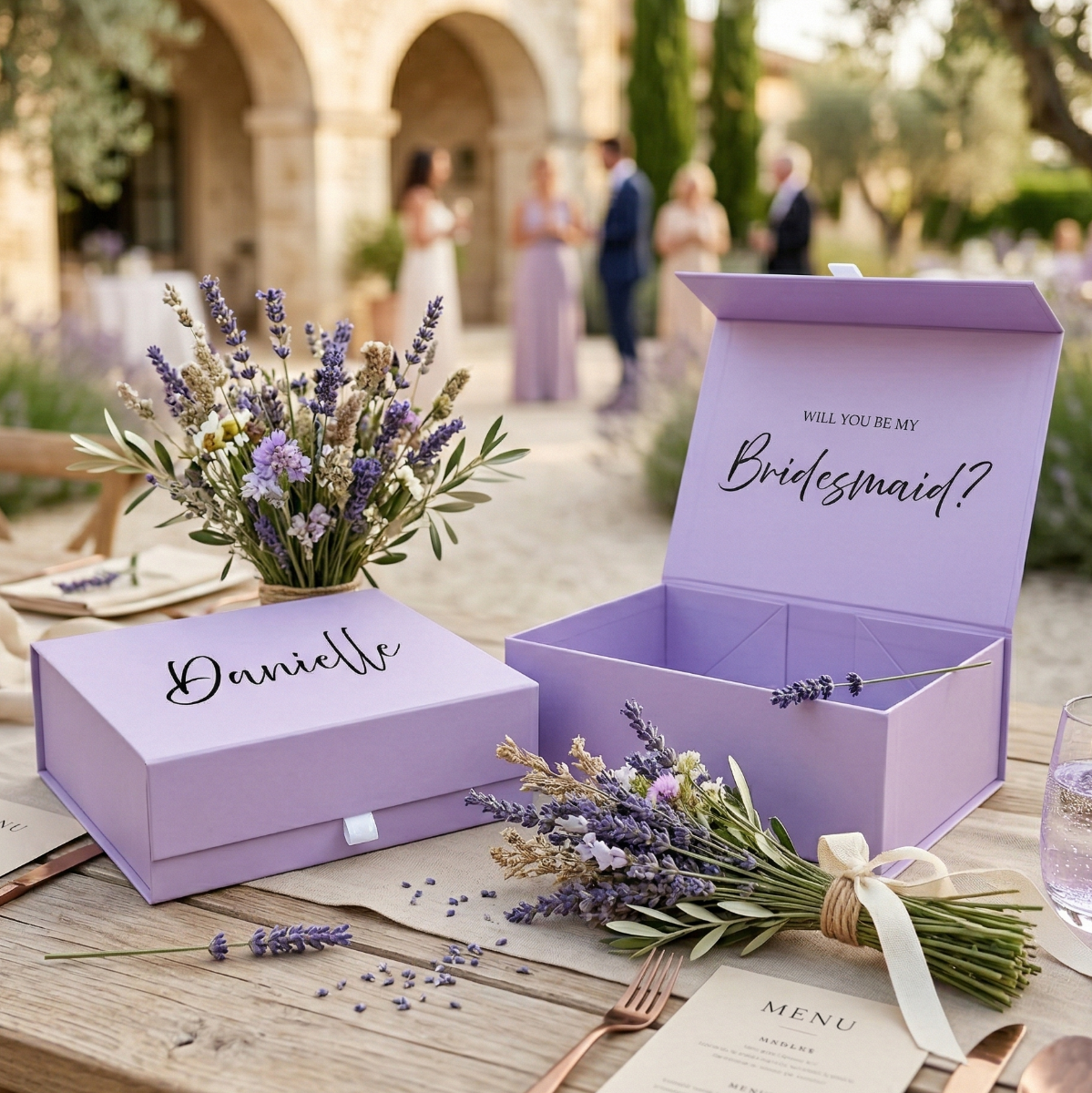 Bridesmaid boxes ready for wedding proposal planning