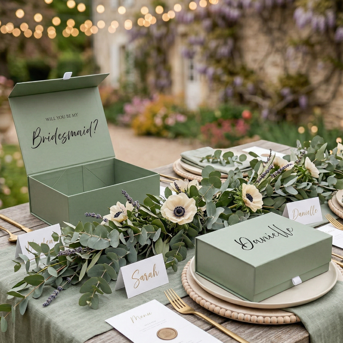 Personalised bridesmaid proposal box with elegant wedding styling
