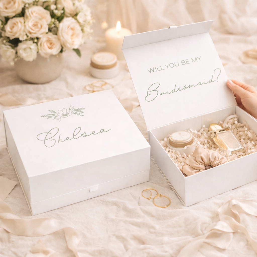 Quality inspection of a magnetic gift box lid, hinge and panel alignment.