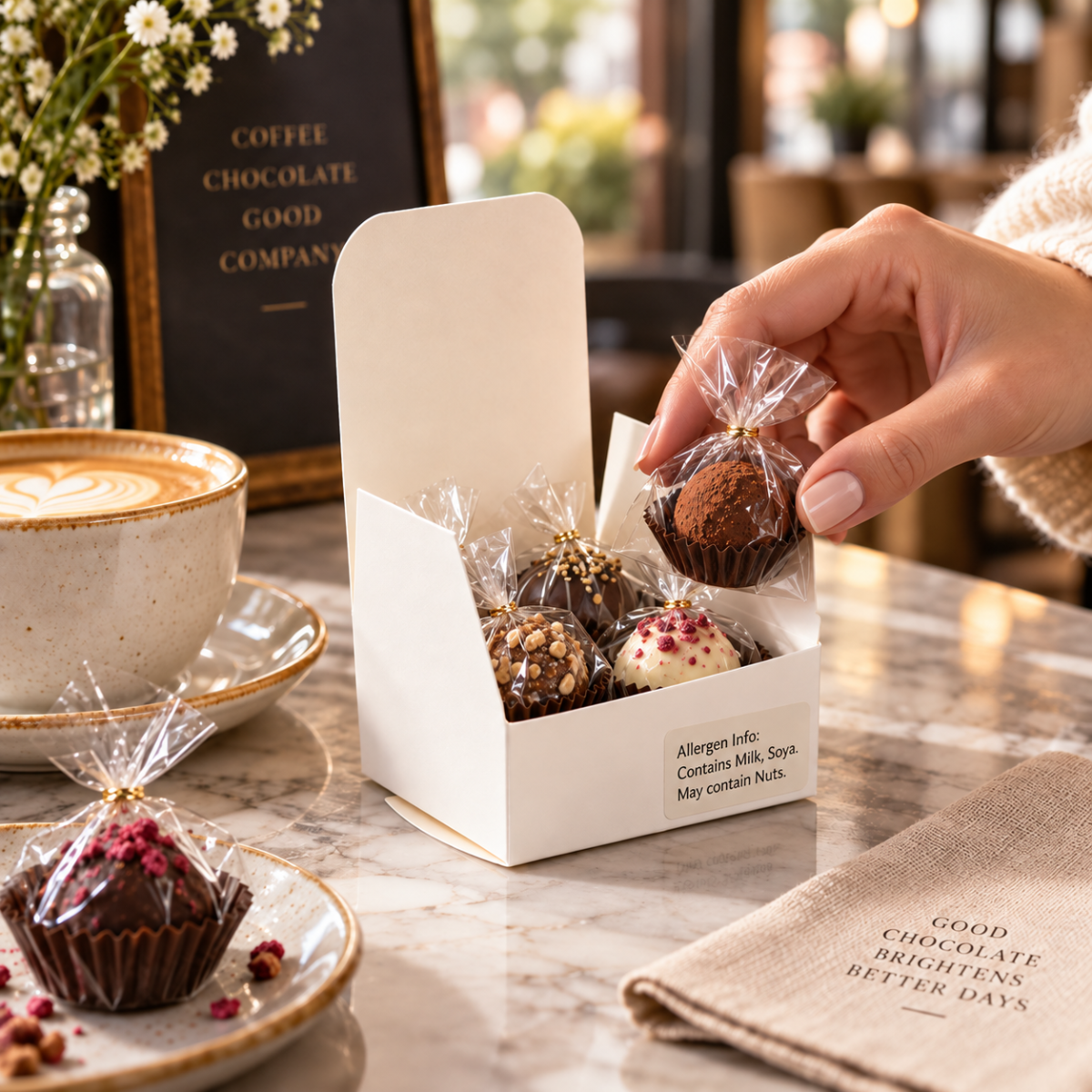 Food packaging boxes made from different boards for bakery, confectionery and artisan food products.