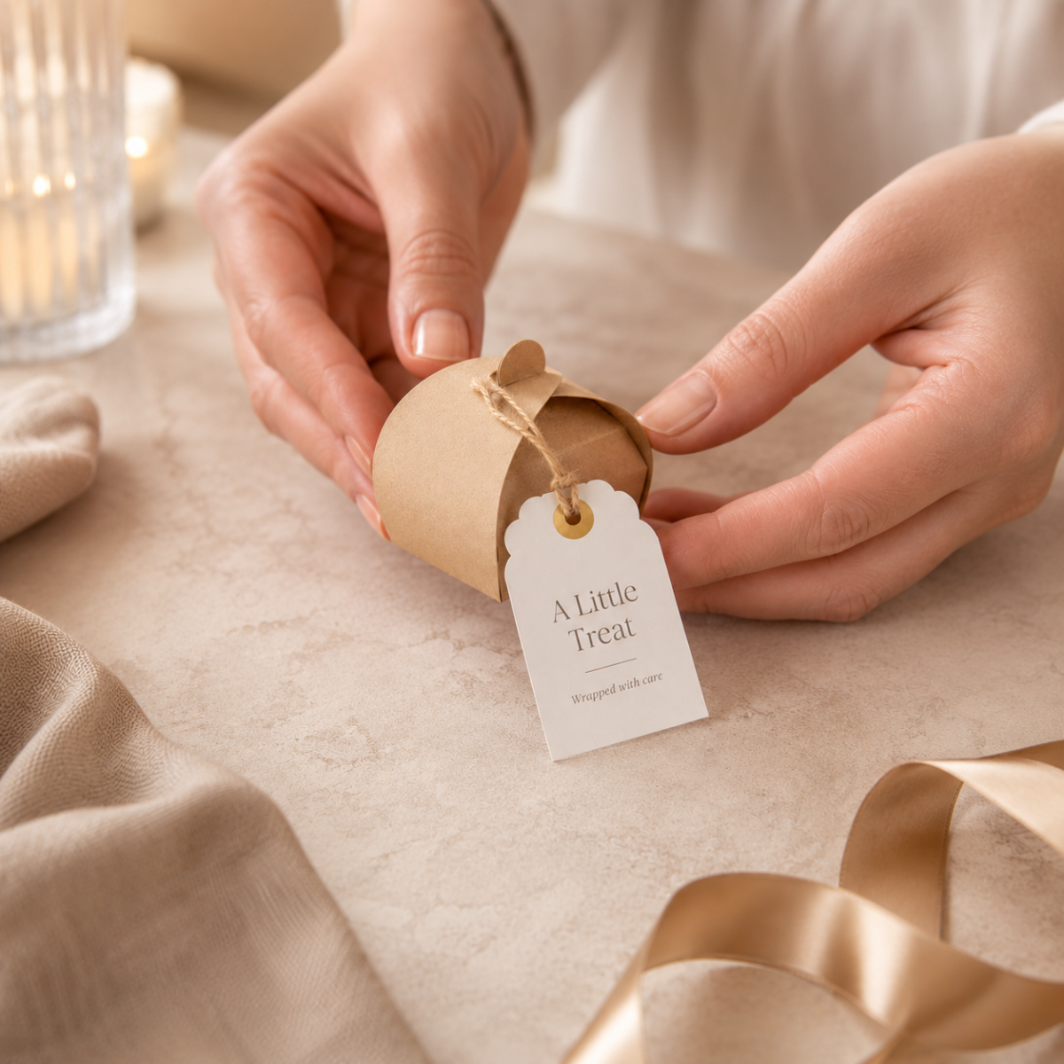 Premium swing tags coordinated with boxes, ribbon and other packaging details.