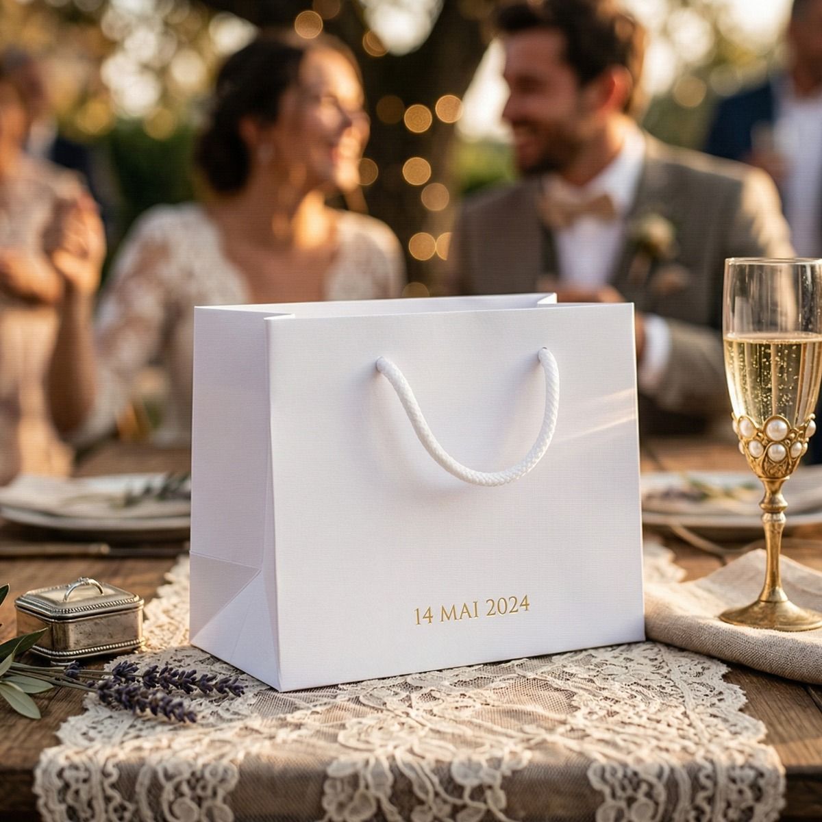 Wedding favour packaging options including bags and boxes