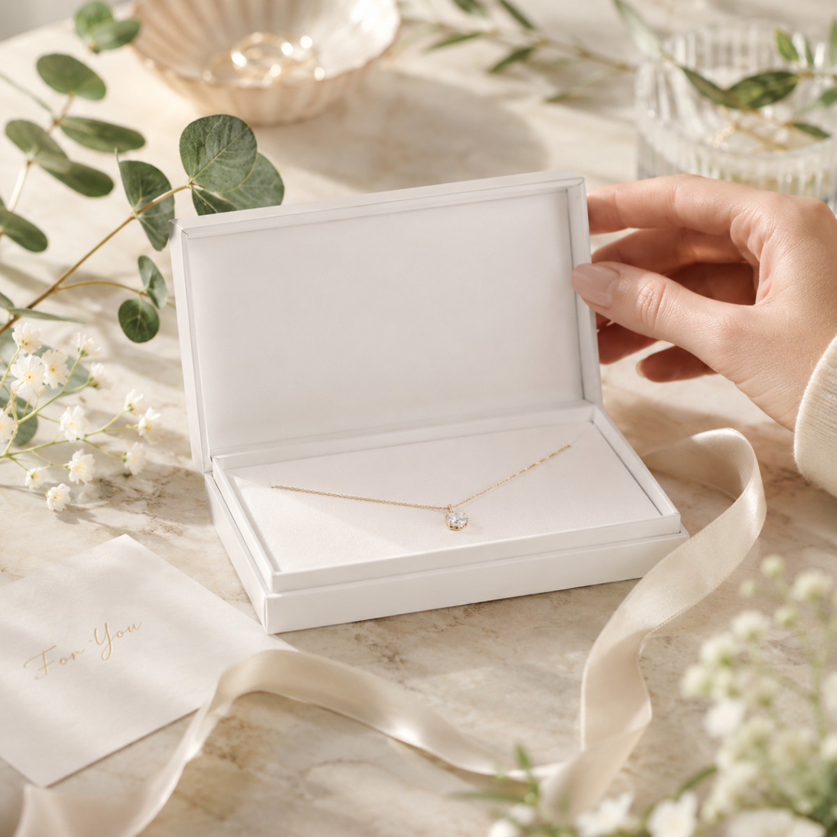 Corporate jewellery gift packaging with magnetic closure ribbon tab and branded finish